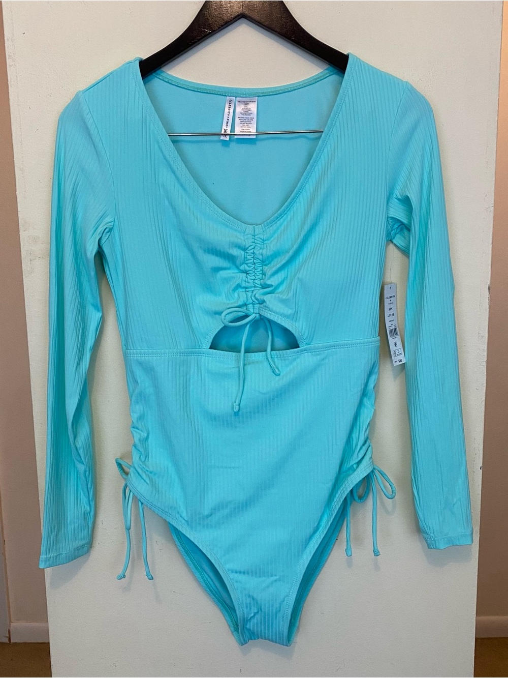 NWT Celebrity Pink Swim Aqua One Piece Long Sleeve Ribbed Swimsuit Womens Large